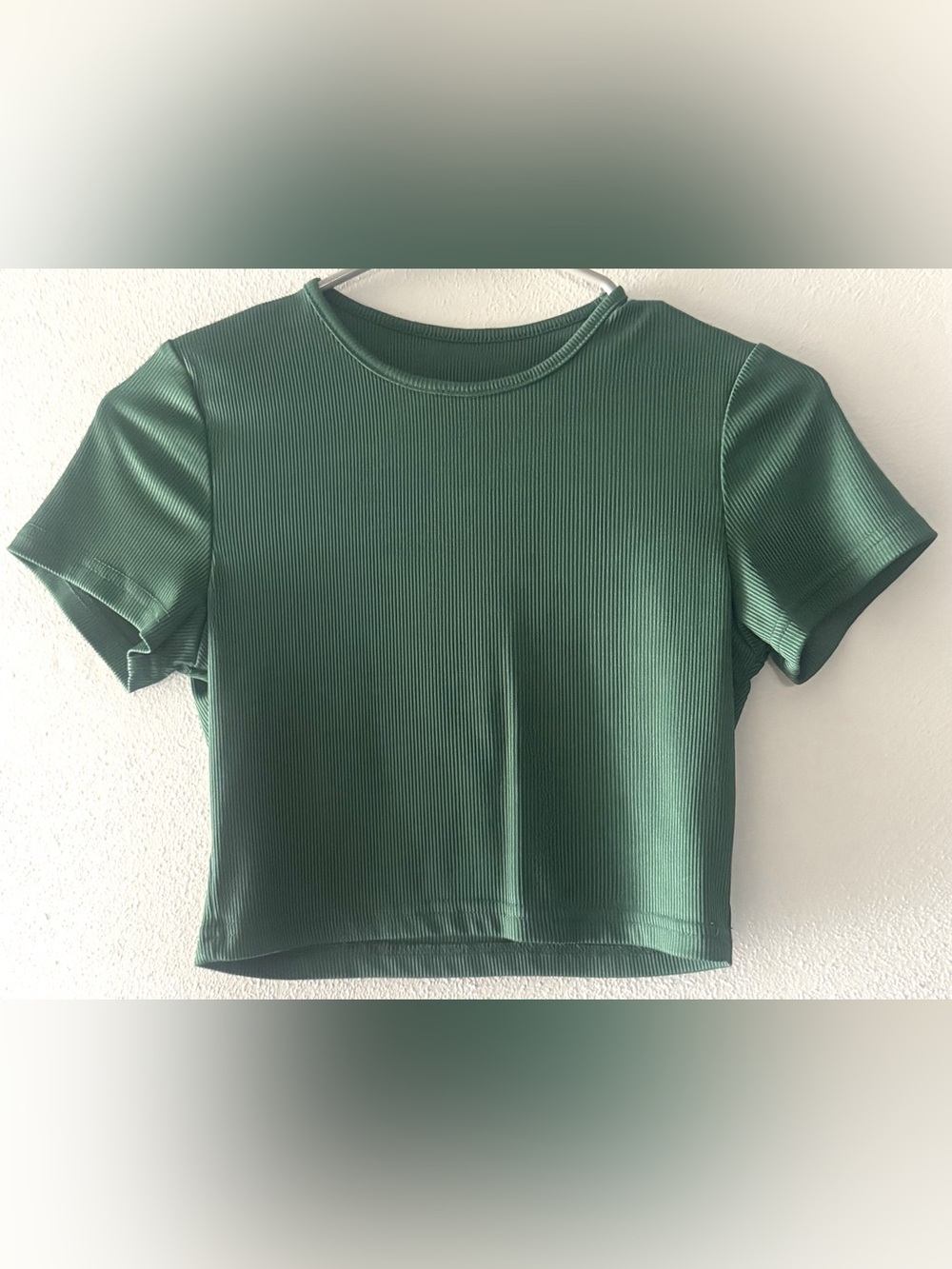 Forest Green Ribbed Crop Top Short Sleeve Scoop Neck XS - Picture 2 of 6